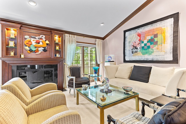 carpeted living room with crown molding, vaulted ceiling, and recessed lighting