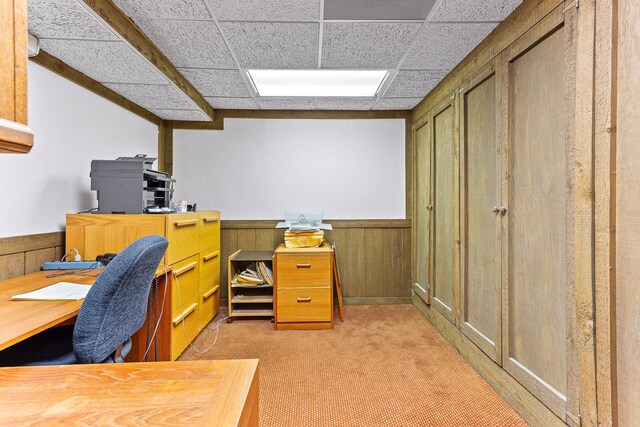 office space with light carpet, a wainscoted wall, and a paneled ceiling