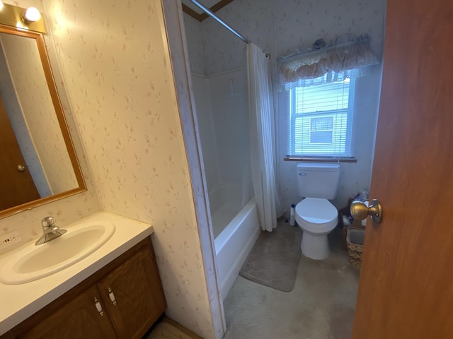 1966 Spyglass Trl, Muskegon, MI 49442 - bathroom with wallpapered walls, toilet, vanity, and shower / tub combo with curtain