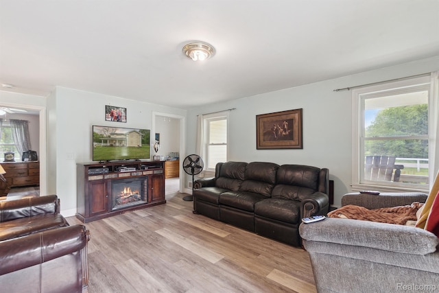 5160 N Milford Rd, Highland, MI 48356 - living room with light wood finished floors, a glass covered fireplace, and baseboards