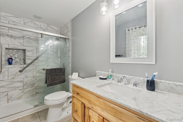 5160 N Milford Rd, Highland, MI 48356 - full bathroom with toilet, vanity, a shower stall, and tile patterned flooring