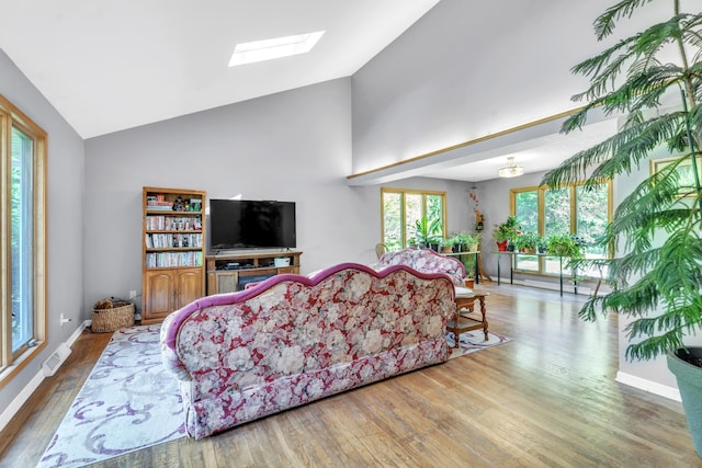 65505 M 43, Bangor, MI 49013 - living room featuring wood finished floors, high vaulted ceiling, and a skylight