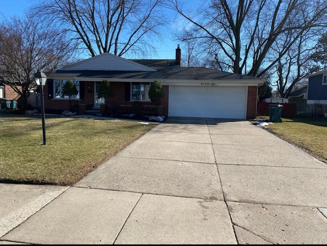 view of front of home with brick siding, a garage, concrete driveway, and a chimney