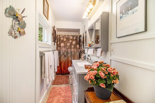 488 4th St, Manistee, MI 49660 - bathroom featuring vanity, toilet, and curtained shower