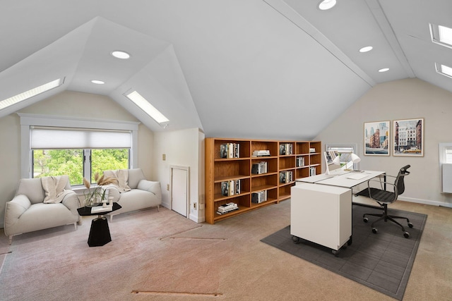 1054 Ferdon Rd, Ann Arbor, MI 48104 - office featuring a skylight, vaulted ceiling, light colored carpet, recessed lighting, and baseboards
