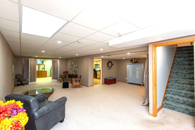 906 Village Dr, Davison, MI 48423 - carpeted living room featuring stairway and recessed lighting