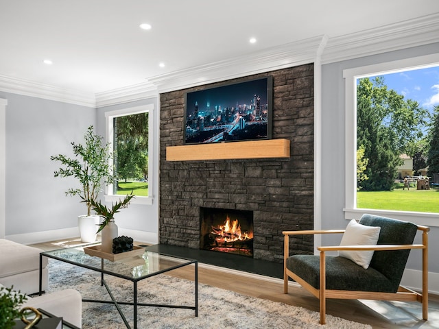 11433 Marshall, South Lyon, MI 48178 - living area with wood finished floors, ornamental molding, a stone fireplace, recessed lighting, and baseboards