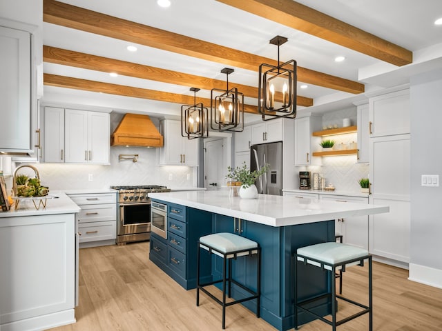 11433 Marshall, South Lyon, MI 48178 - kitchen with appliances with stainless steel finishes, custom exhaust hood, white cabinetry, light countertops, and recessed lighting