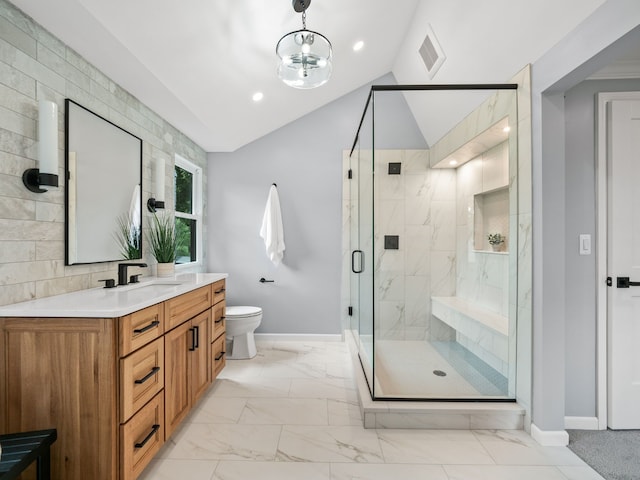 11433 Marshall, South Lyon, MI 48178 - bathroom with baseboards, marble finish flooring, vaulted ceiling, a marble finish shower, and vanity