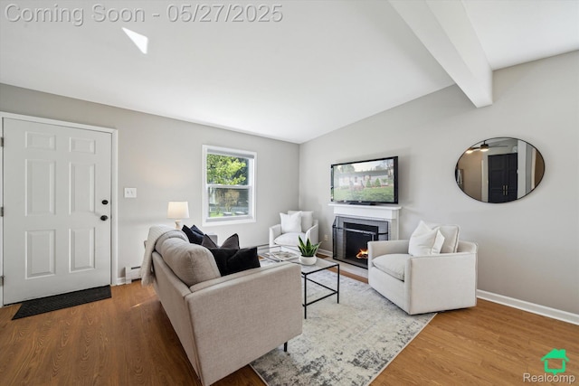 243 Reno St, Lake Orion, MI 48362 - living area with wood finished floors, baseboards, baseboard heating, and a fireplace with flush hearth