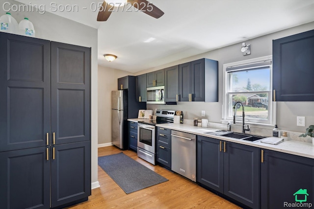 243 Reno St, Lake Orion, MI 48362 - kitchen with appliances with stainless steel finishes, a sink, ceiling fan, blue cabinets, and light wood-style floors