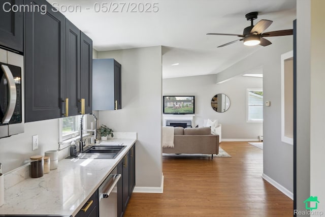 243 Reno St, Lake Orion, MI 48362 - kitchen with a sink, appliances with stainless steel finishes, dark wood finished floors, and a ceiling fan
