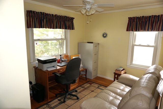 20727 Carlysle St, Dearborn, MI 48124 - home office with wood finished floors, ceiling fan, crown molding, and baseboards