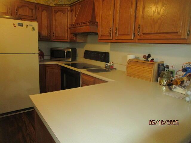 260 W Saint Joseph St, Coloma, MI 49038 - kitchen with freestanding refrigerator, stainless steel microwave, custom range hood, electric range oven, and light countertops
