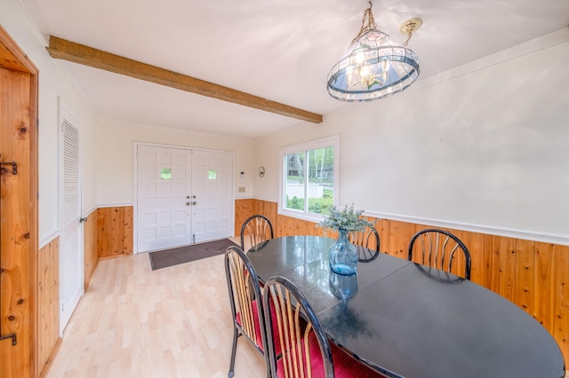 11290 Alpine Rd, Canadian Lakes, MI 49346 - dining space with wainscoting, wooden walls, beam ceiling, a chandelier, and wood finished floors