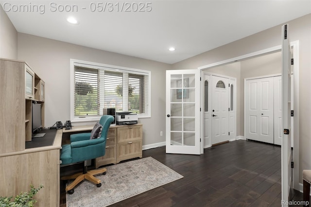 4470 Coastal Pkwy, White Lake, MI 48386 - home office featuring dark wood-style flooring, baseboards, and recessed lighting