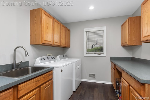 4470 Coastal Pkwy, White Lake, MI 48386 - washroom with washing machine and clothes dryer, cabinet space, dark wood-style floors, baseboards, and recessed lighting