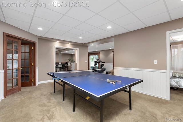 4470 Coastal Pkwy, White Lake, MI 48386 - game room with light carpet, a wainscoted wall, a drop ceiling, and recessed lighting