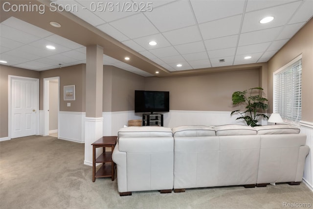 4470 Coastal Pkwy, White Lake, MI 48386 - living room featuring carpet, wainscoting, recessed lighting, and a paneled ceiling