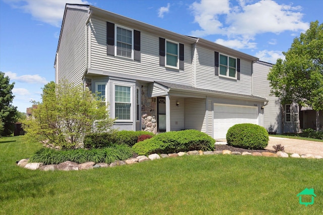 7458 Knollwood Dr, Ypsilanti, MI 48197 - view of front of home featuring a garage, driveway, a front lawn, and stone siding