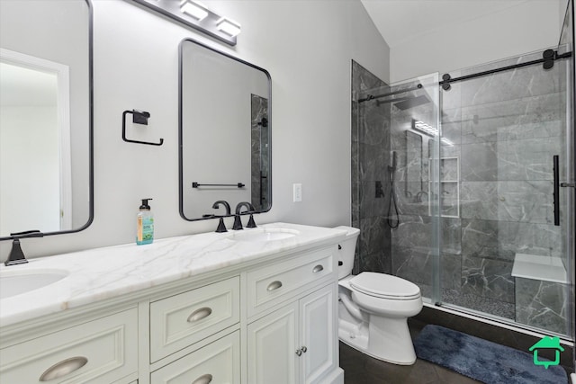 7458 Knollwood Dr, Ypsilanti, MI 48197 - bathroom with a stall shower, double vanity, and toilet