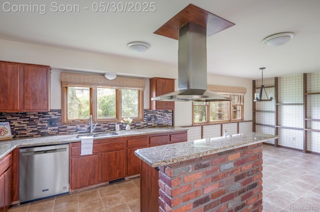 18851 Capitol Dr, Southfield, MI 48075 - kitchen with stainless steel dishwasher, island range hood, a sink, tasteful backsplash, and light stone countertops