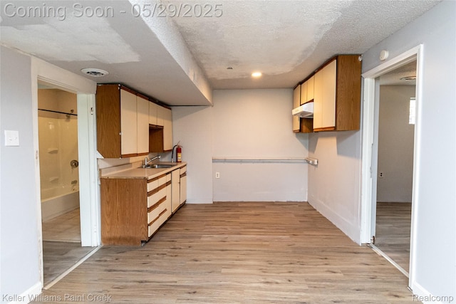 72 N Astor St, Pontiac, MI 48342 - kitchen featuring under cabinet range hood, light wood-type flooring, a sink, a textured ceiling, and light countertops
