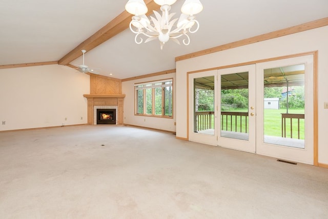8187 Sawgrass Trl, Grand Blanc, MI 48439 - unfurnished living room with a fireplace, carpet flooring, a chandelier, ceiling fan, and baseboards