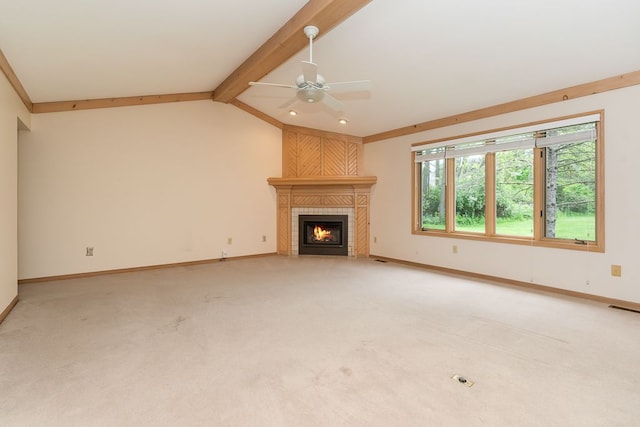 8187 Sawgrass Trl, Grand Blanc, MI 48439 - unfurnished living room featuring light carpet, ceiling fan, a fireplace, and baseboards