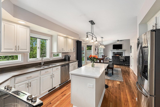 1817 High Pointe Ln, Ann Arbor, MI 48108 - kitchen featuring stainless steel appliances, a sink, open floor plan, a warm lit fireplace, and white cabinetry
