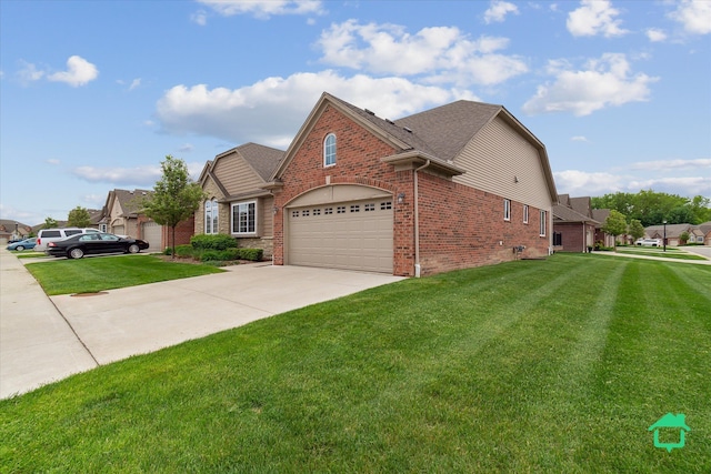 5104 Hawkseye Trce, Warren, MI 48092 - view of property exterior with brick siding, a lawn, concrete driveway, roof with shingles, and a garage