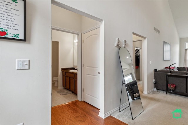 5104 Hawkseye Trce, Warren, MI 48092 - hall featuring a sink, healthy amount of natural light, vaulted ceiling, baseboards, and light wood finished floors