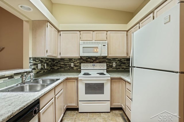 402 Morningside Dr, Midland, MI 48640 - kitchen with white appliances, a sink, tasteful backsplash, and light countertops
