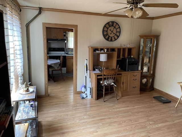 9 N Michigan Ave, Shelby, MI 49455 - office area with ornamental molding, ceiling fan, light wood-type flooring, wooden walls, and baseboards