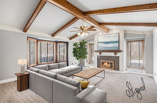 3331 Salem Ct, Rochester Hills, MI 48306 - living room with baseboards, light colored carpet, a fireplace, and a ceiling fan