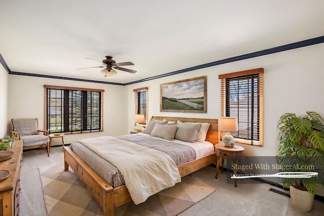 3331 Salem Ct, Rochester Hills, MI 48306 - bedroom featuring multiple windows, crown molding, light colored carpet, and ceiling fan