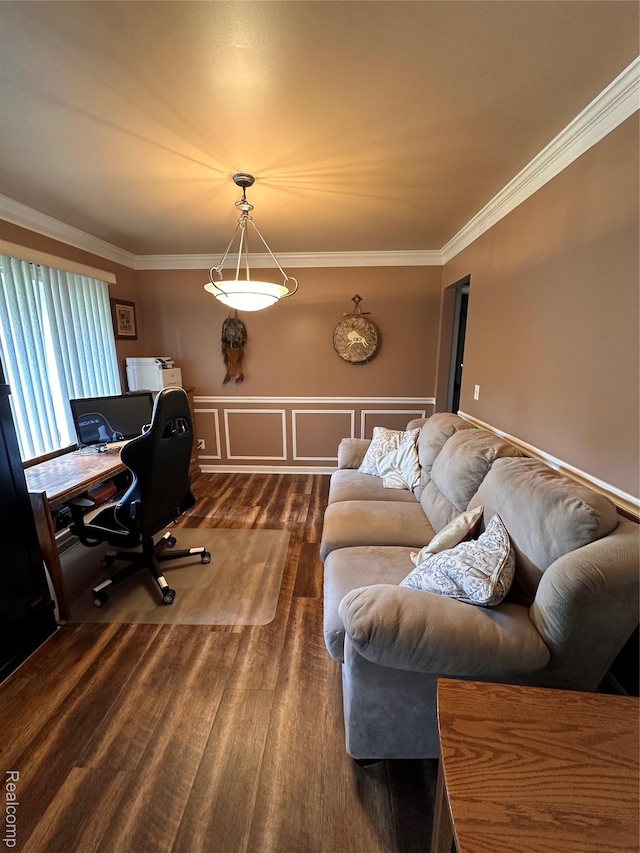 790 Vivian Ln, Oxford, MI 48371 - home office with crown molding, dark wood-style floors, a wainscoted wall, and a decorative wall