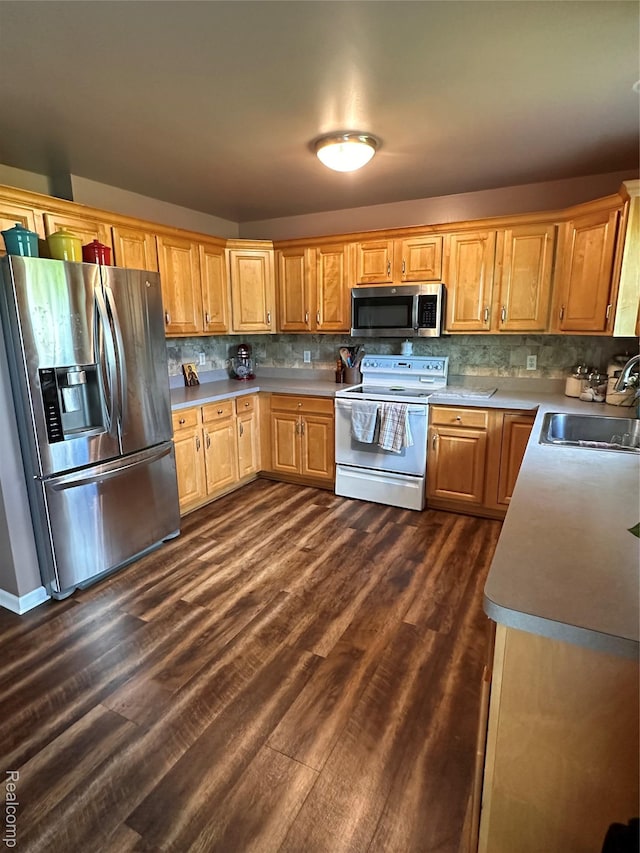790 Vivian Ln, Oxford, MI 48371 - kitchen featuring appliances with stainless steel finishes, a sink, dark wood-style flooring, and decorative backsplash