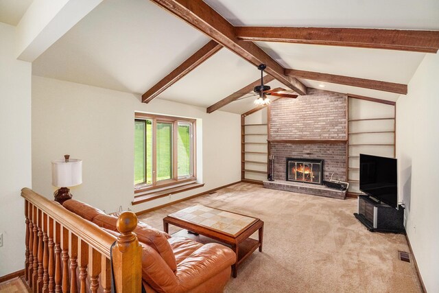 41925 Waterwheel Rd, Northville, MI 48168 - living room with a fireplace, light carpet, and a ceiling fan