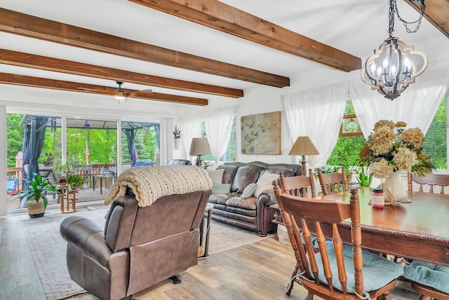 living area with a chandelier, light wood-style flooring, and beam ceiling