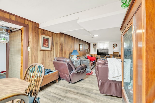 living area with light wood finished floors and wood walls