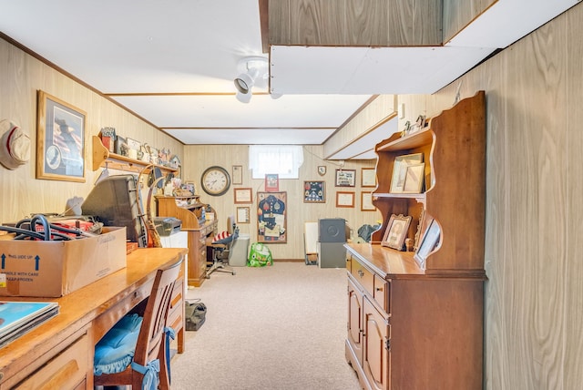 office space with carpet flooring and wooden walls