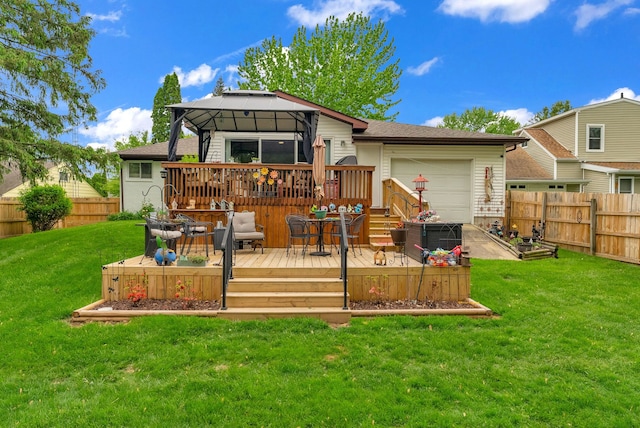 back of house with a gazebo, a wooden deck, outdoor dining area, a garage, and a shingled roof