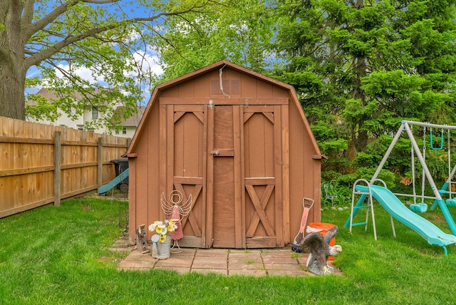 view of shed with a playground