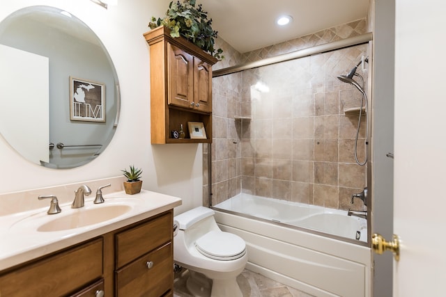 full bath featuring toilet, shower / bath combination with glass door, vanity, and recessed lighting