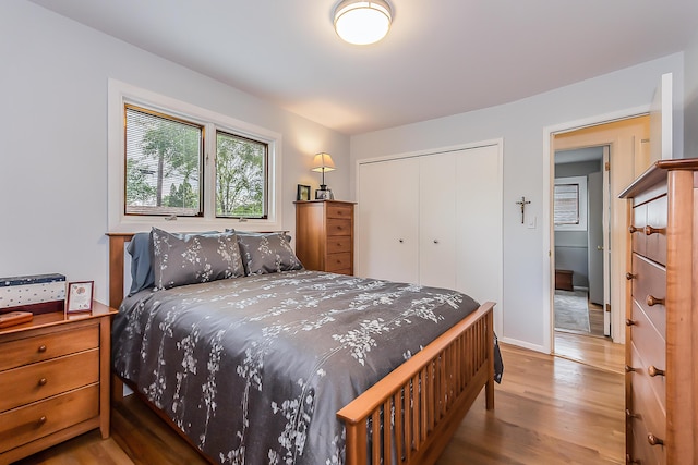 bedroom with wood finished floors, a closet, and baseboards