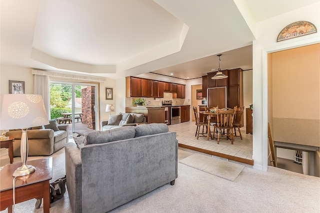 living area with a raised ceiling