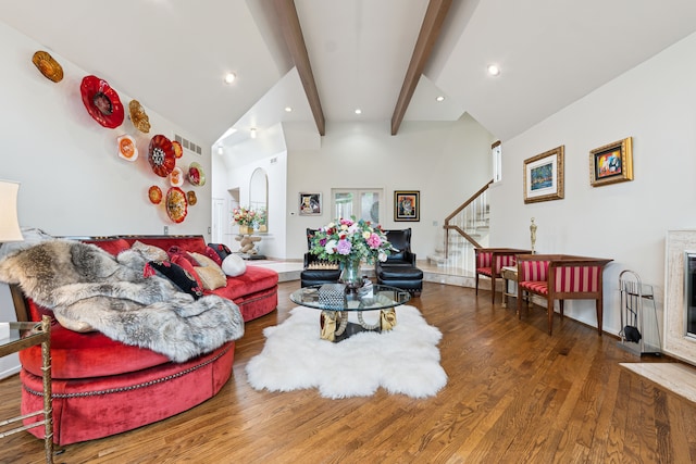4749 Tara, West Bloomfield, MI 48323 - living room featuring wood finished floors, stairway, and arched walkways