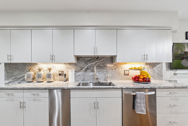 4749 Tara, West Bloomfield, MI 48323 - kitchen featuring dishwasher, a sink, decorative backsplash, white cabinets, and light stone counters