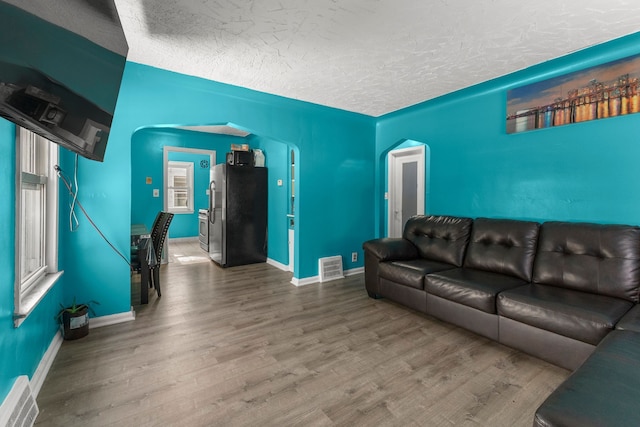 9069 Pierson St, Detroit, MI 48228 - living area with wood finished floors, baseboards, a textured ceiling, and arched walkways